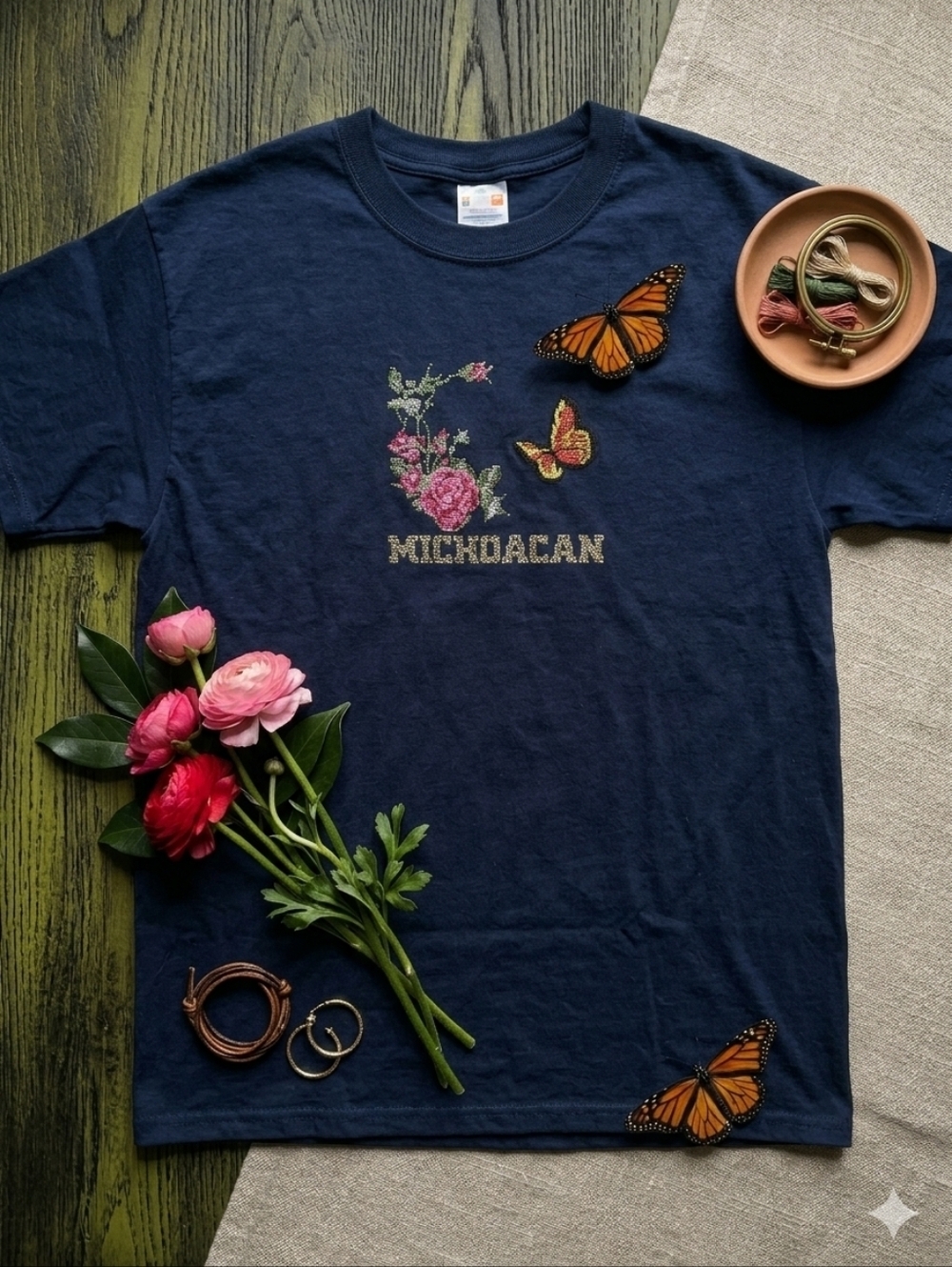 Endur XL Michoacan Mexico Unisex T-Shirt Navy Blue Rose Butterfly Cross-Stitch